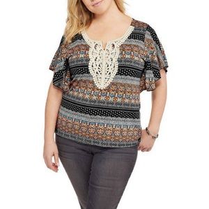 Promises Plus Aztec Crochet Flutter Sleeve Top